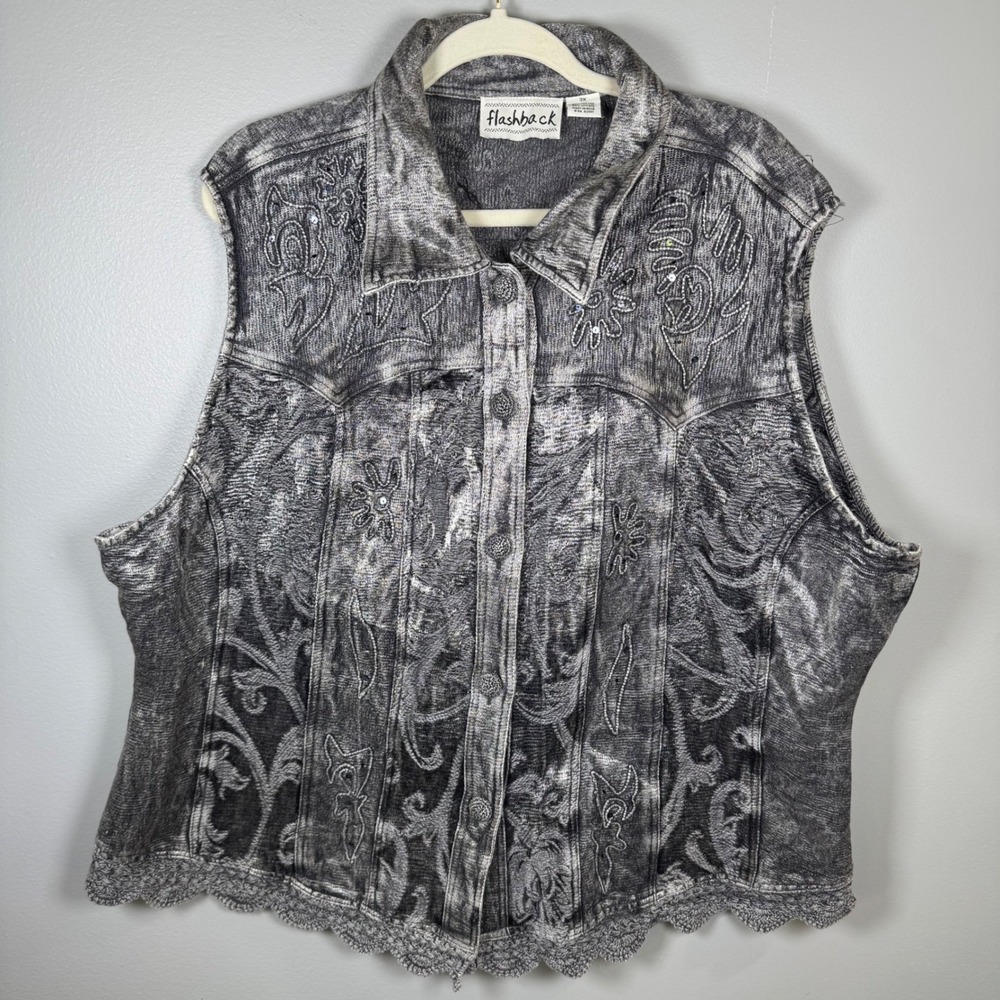 Flashback Womens 3X Gray Acid Wash Embroidered Button Front Vest Scallop Lace